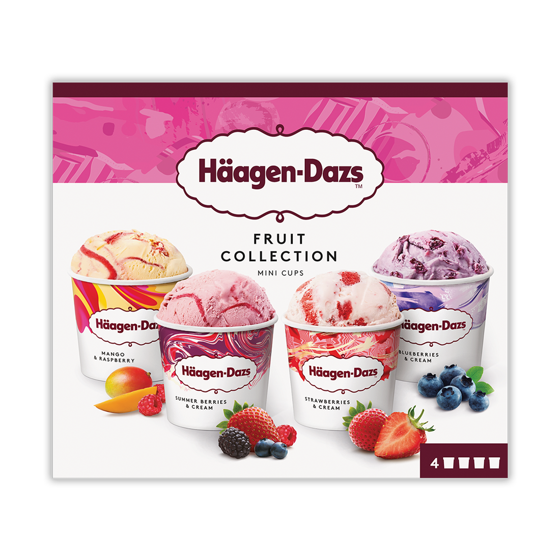 Haagen Dazs Fruit Collection mini cups in Mango Raspberry, Summer berries & cream, Strawberry & Cream, and Blueberries & Cream; front of package